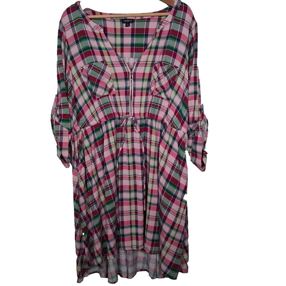 Torrid Dress Size 3 Plus Size 3X Pink Green Blue Pliad Roll Sleeve Midi Zip - Picture 1 of 16